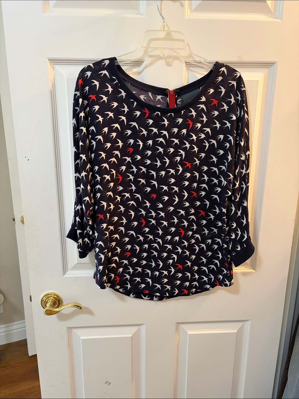 Maeve Navy Bird-Print Pullover Blouse with Red Accents